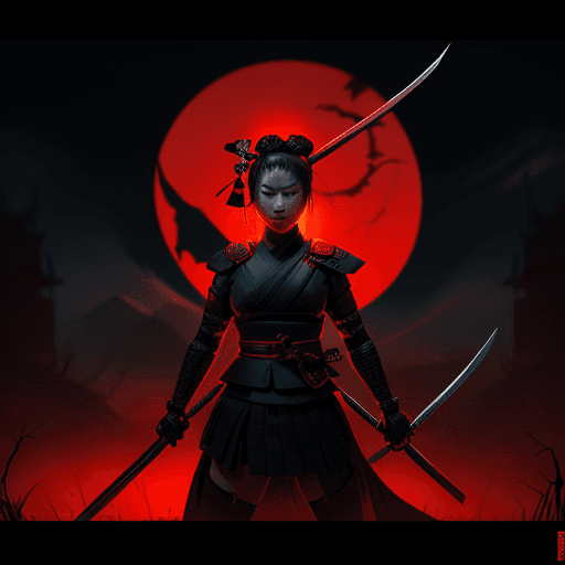 AI generated: the samurai at night with her sword and DC logo, in the style of screen printing, epic fantasy scene...