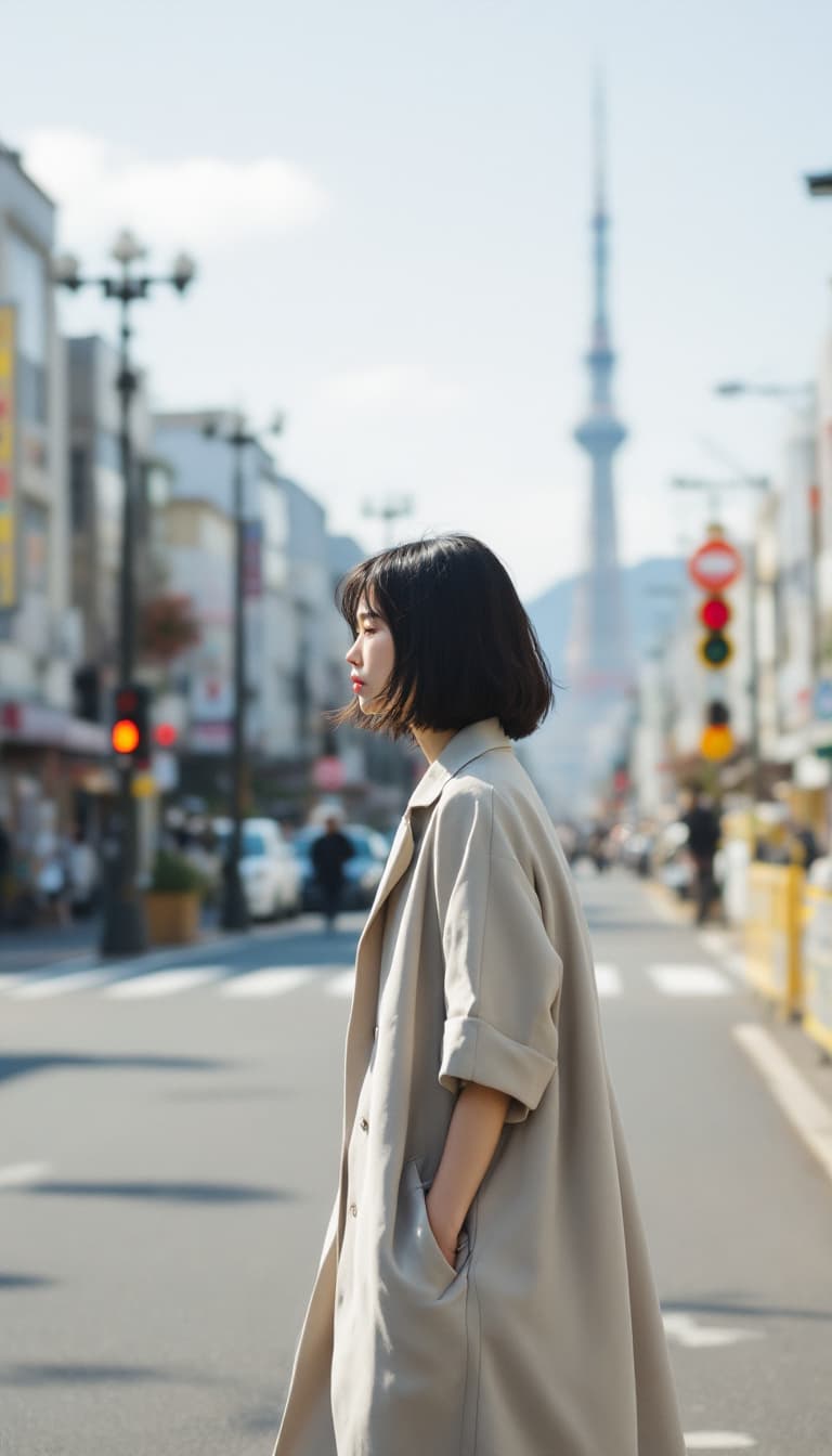 AI generated: minimal photography editorial, candid photo in muji style, Japan model is walking through the street...