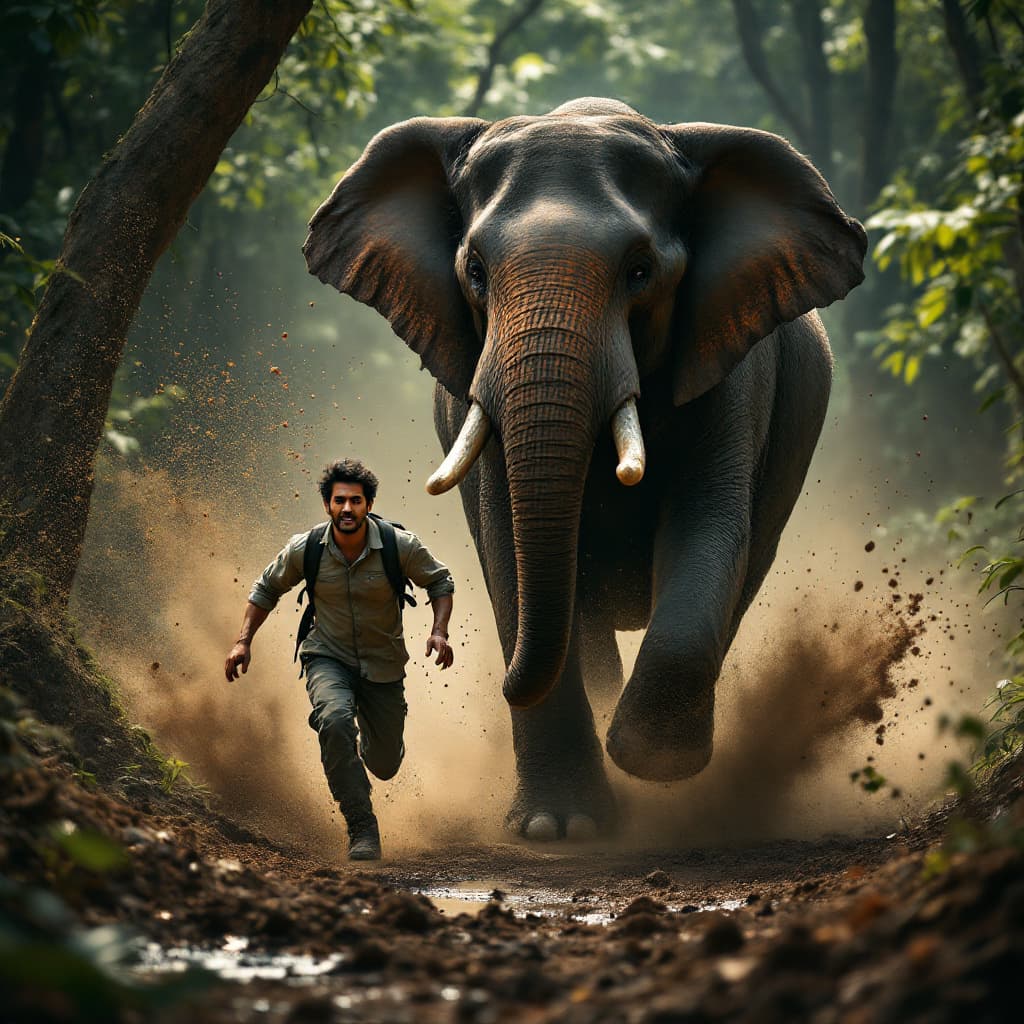 AI generated: Create a dramatic and dynamic realistic image set in a deep Kerala forest, depicting an elephant run...