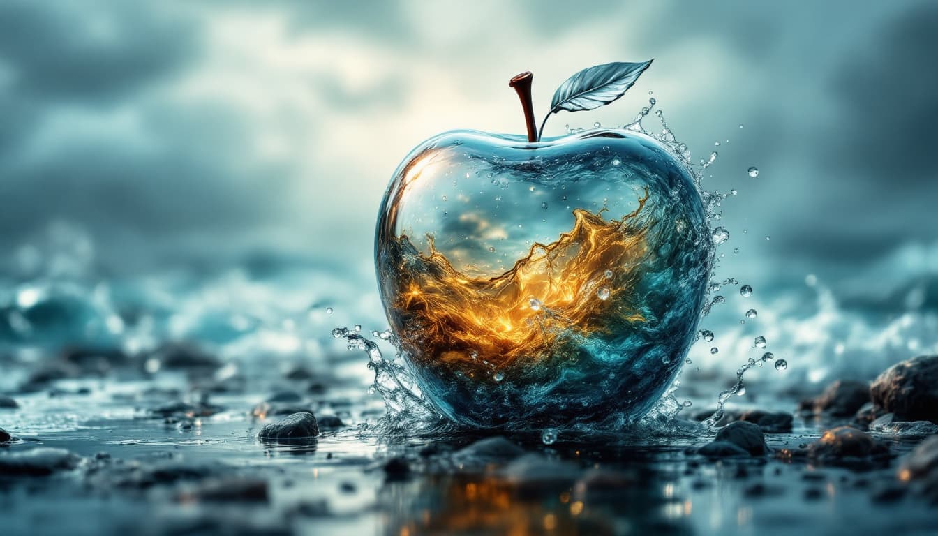 AI generated: Prompt: lovely double exposure image by blending together a stormy sea and a glass apple. The sea sh...