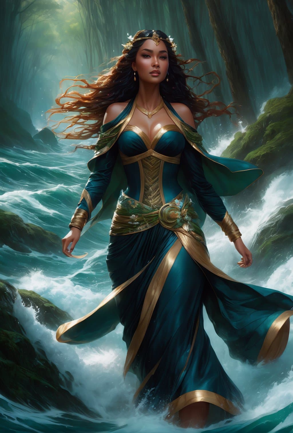 AI generated: fully clothed powerful goddess of water clothed in swirling water striding through a stormy sea, hig...