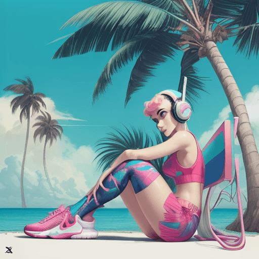 AI generated: pair of headphones with a beach and palm trees in the background, concept art, modern desing, grimes...