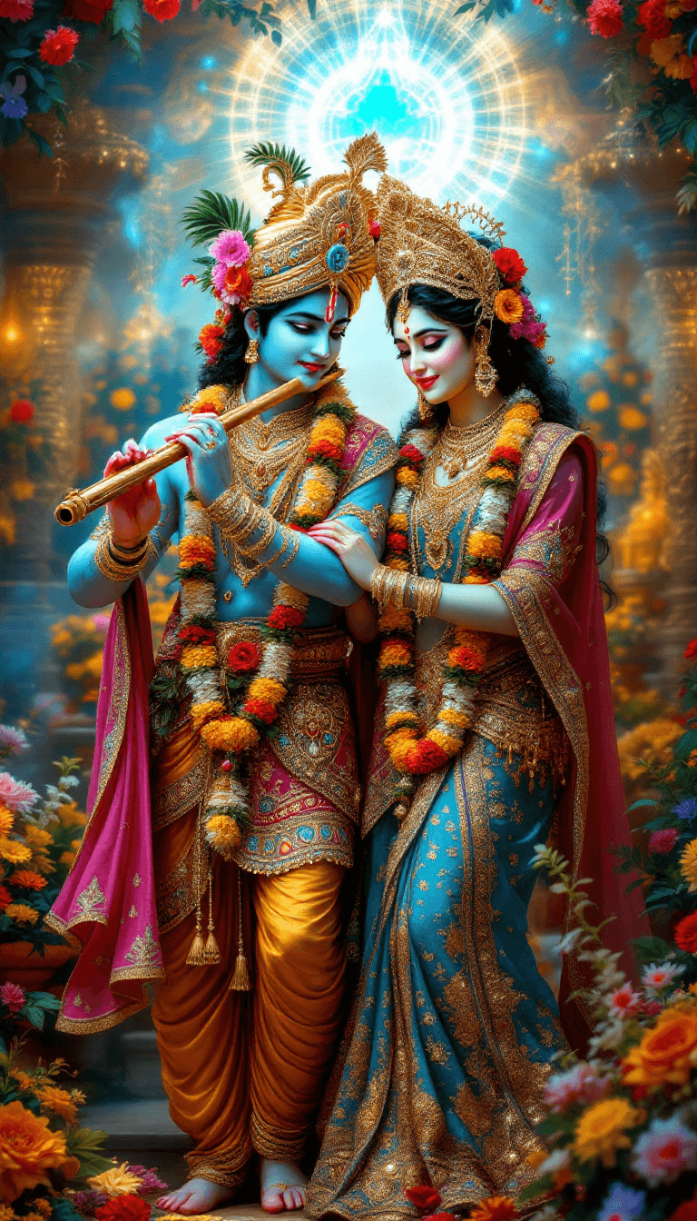 AI generated: "A highly detailed and vivid depiction of Lord Krishna and Radha in their divine splendor. Lord Kris...