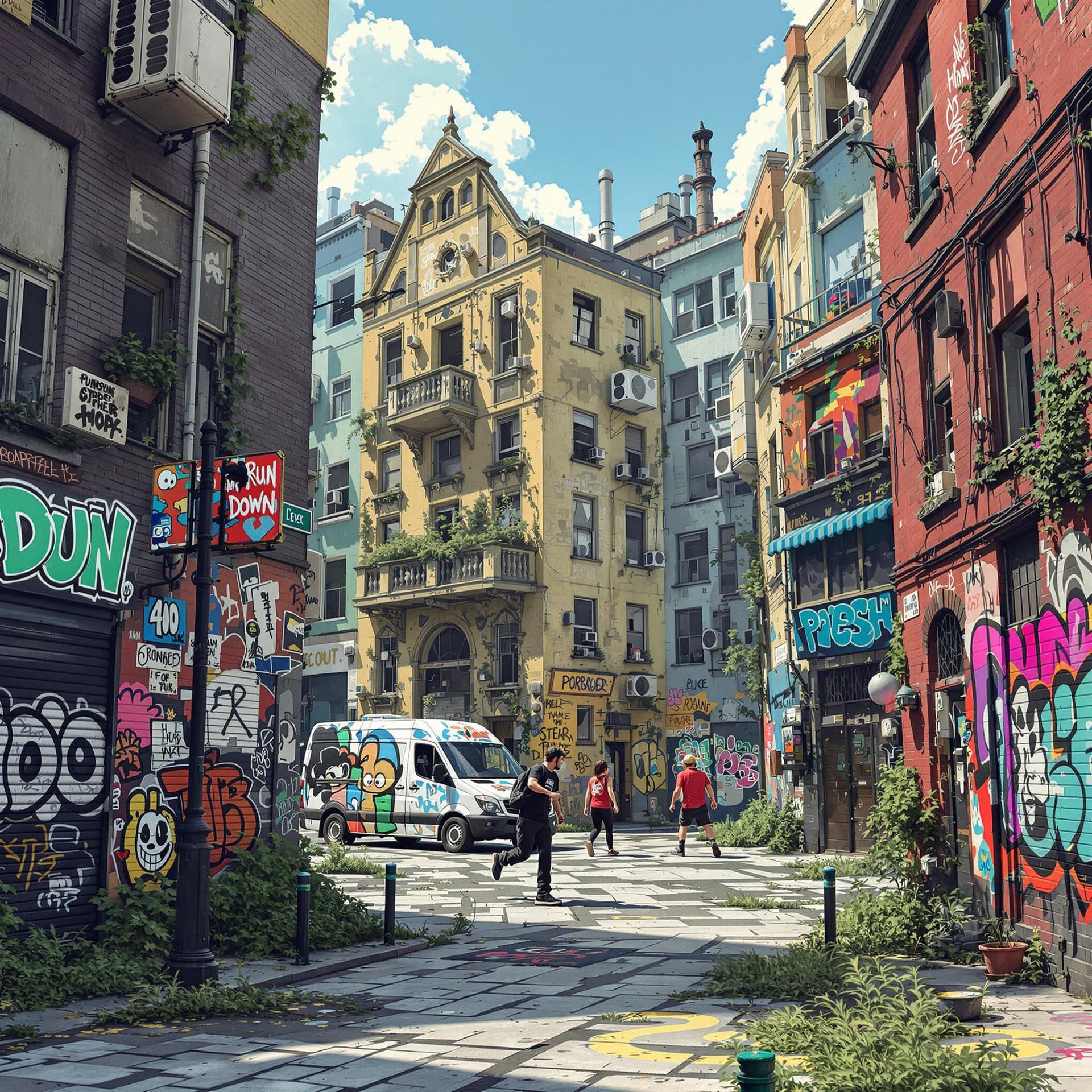 AI generated: 3d illustration hip hop urban RUN DOWN abandoned 
buildings and with a little graffiti walls