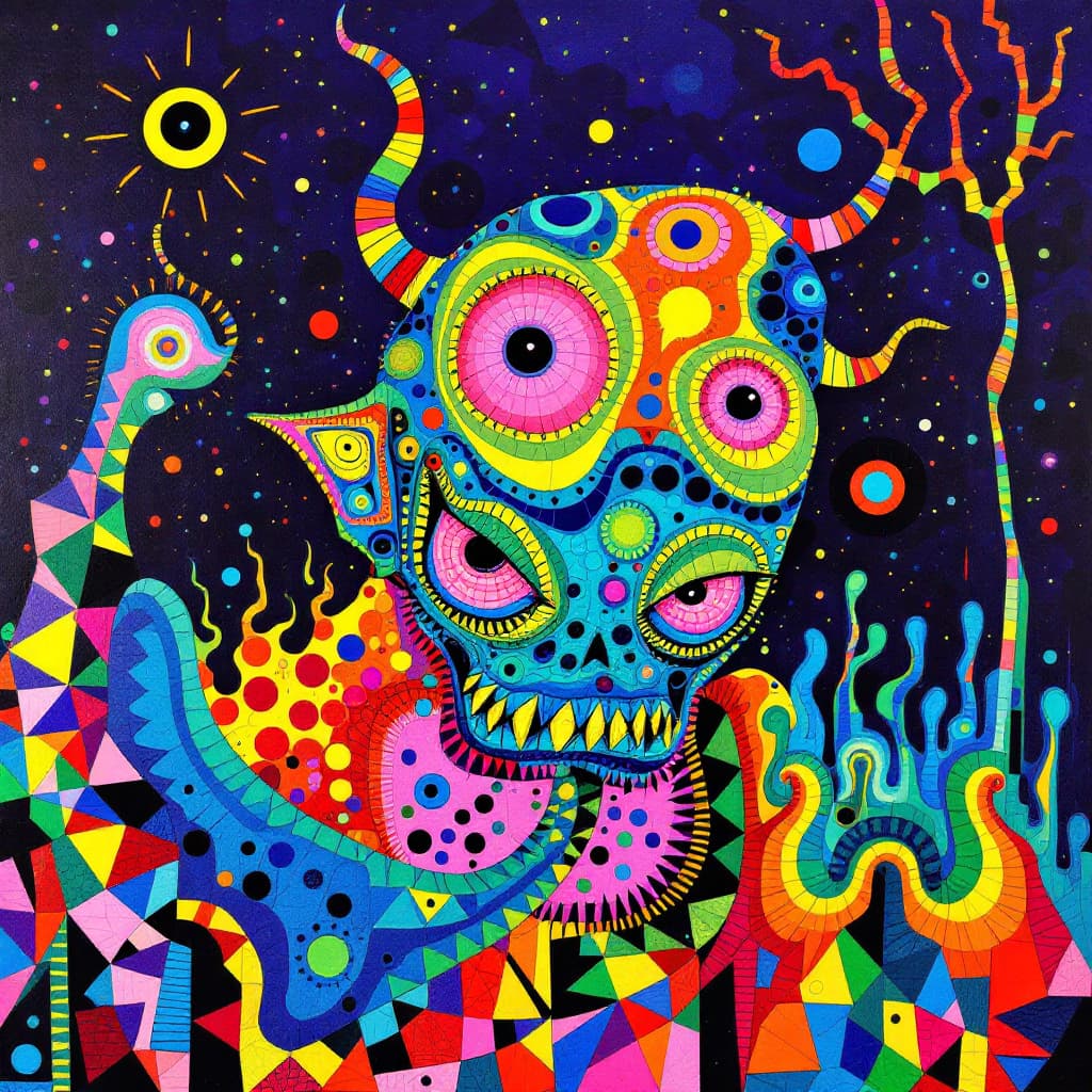 AI generated: mosaic of a strange alien monster in neon colors, Paul Klee, Howard Finster, hyperrealistic
