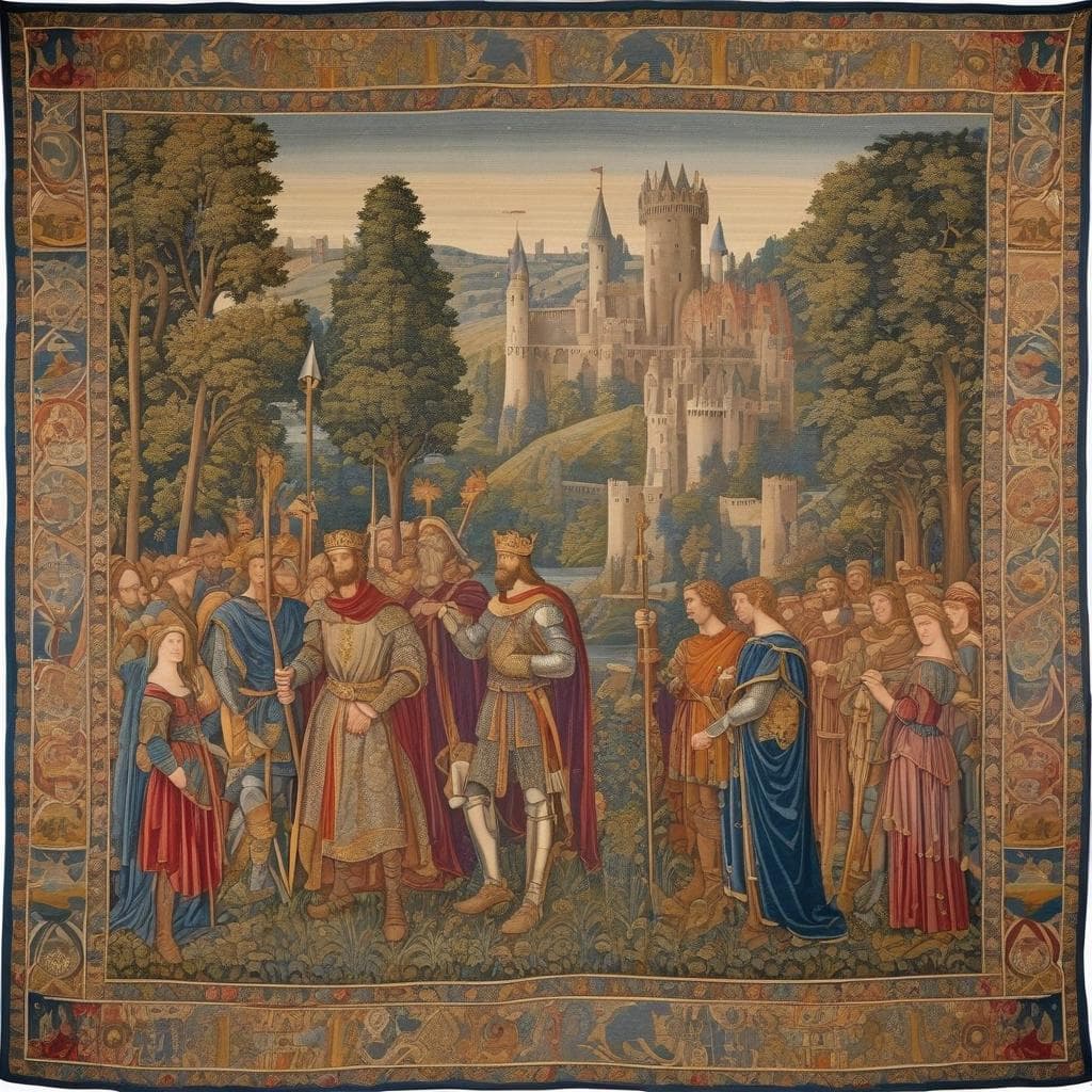 AI generated: The Bayeux tapestry of King Arthur and Camelot, intricate weave pattern, very fine details, muted co...