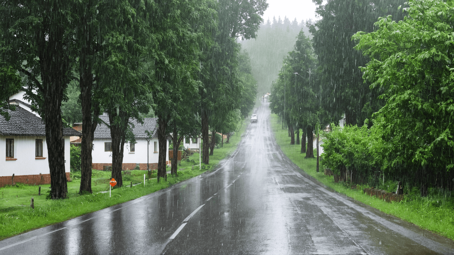 AI generated: photo of a road, rain, lots of trees and green, some houses