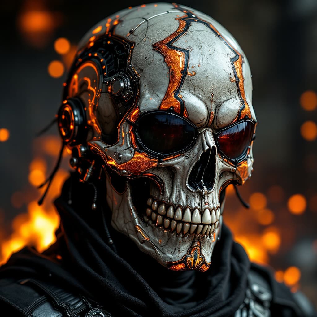 AI generated: harley davidson del futuro pilatada por una calavera con chaleco y tejajos y en los paechers del cha...