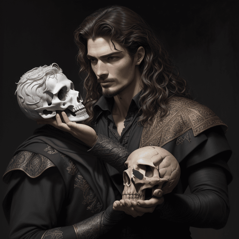 AI generated: To be or not to be, Hamlet holding an anatomically correct human skull of Yorick in the palm of his ...