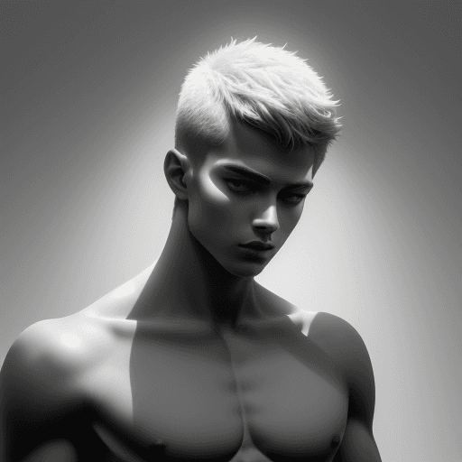 AI generated: high contrast portrait of a shirtless model with shadow in her face, with a totally white background...