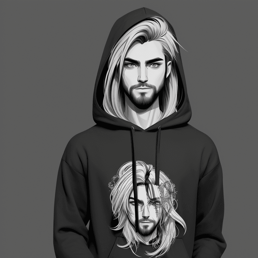 AI generated: Create intricate nvinkpunk style, sketch, of a male character wearing Hoodie, small short beard, lon...