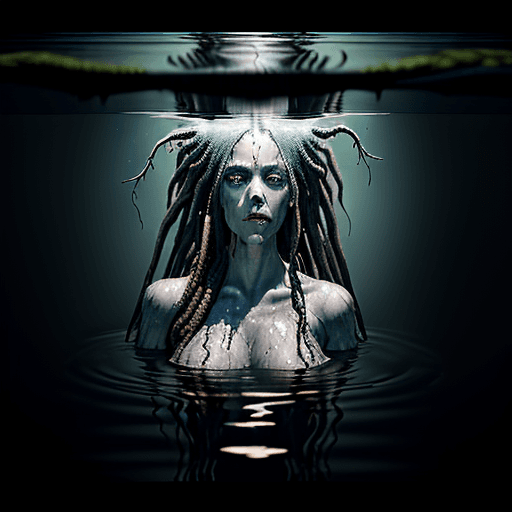 AI generated: (Woman, transparent skin, veins,(bubble below her chin)), long tail protruding from water, body wast...