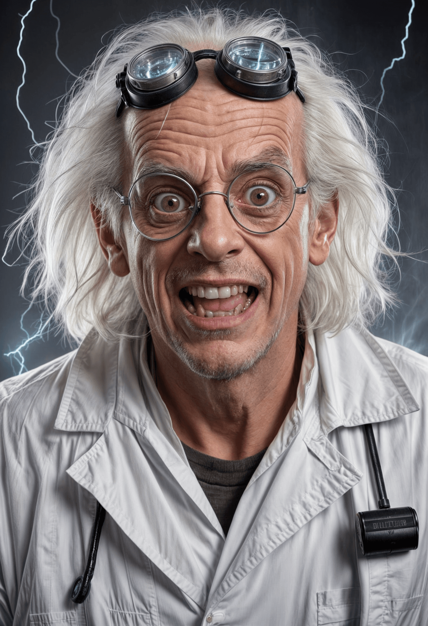 AI generated: a humorous, exaggerated caricature of Christopher Lloyd as Doc Brown from "Back to the Future." His ...