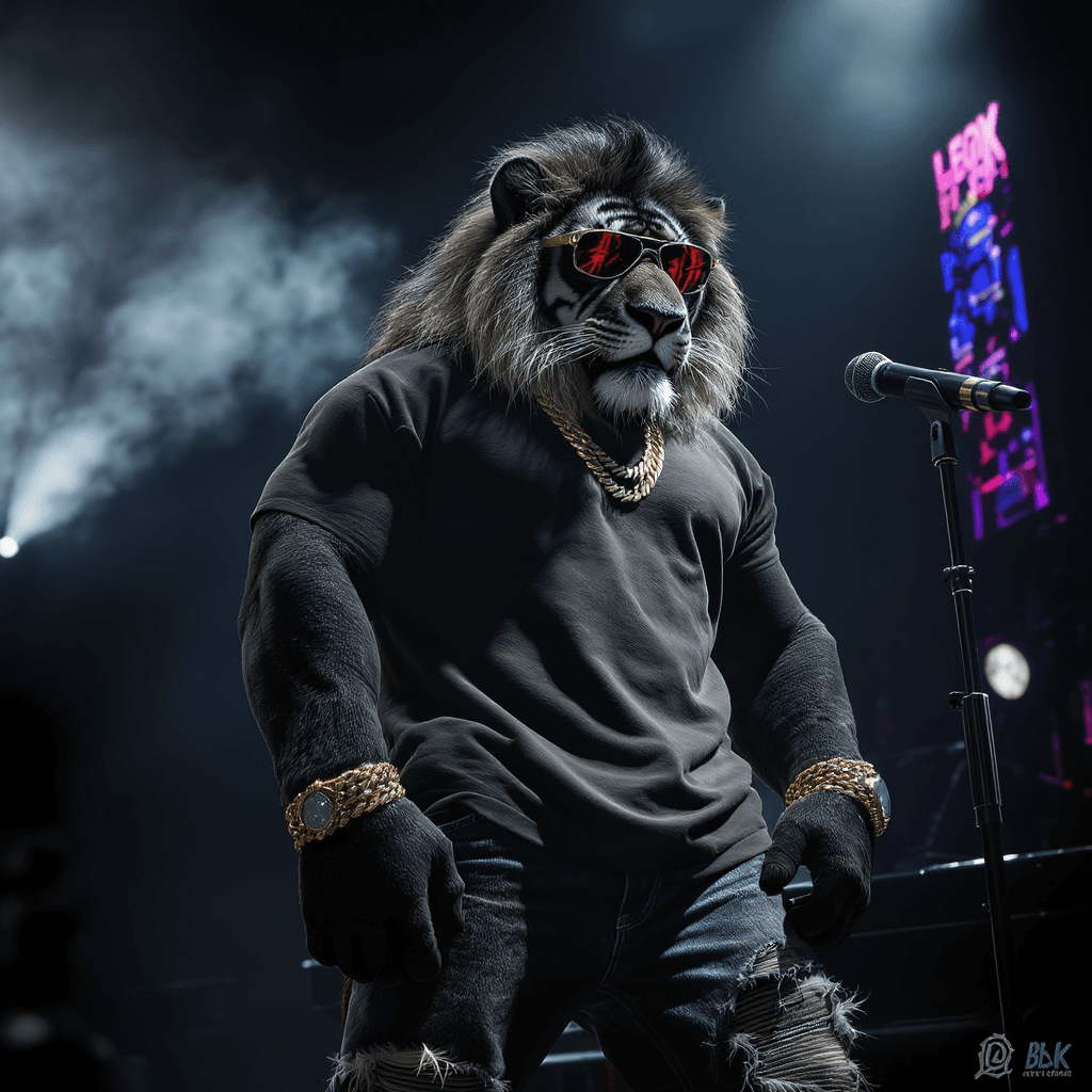 AI generated: A humanoid black striped Tiger  with fierce golden eyes, standing confidently on a concert stage und...
