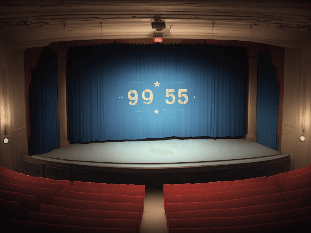 AI generated: a white sign on a small old theater stage with blue curtains, eight women form the 1950s standing an...
