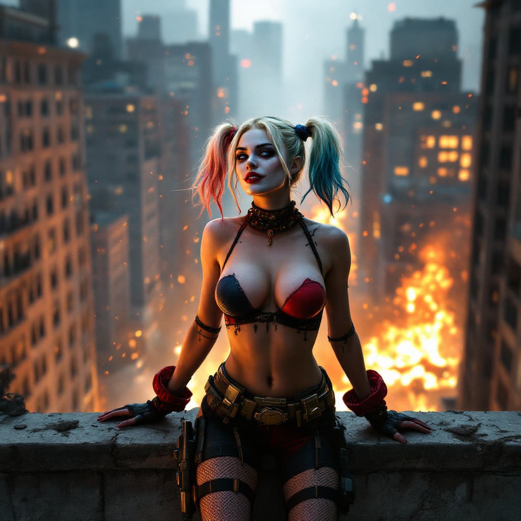 AI generated: Harley Quinn, on top of a building wall looking down explosions behind her, fire, chaos, minigun, fa...