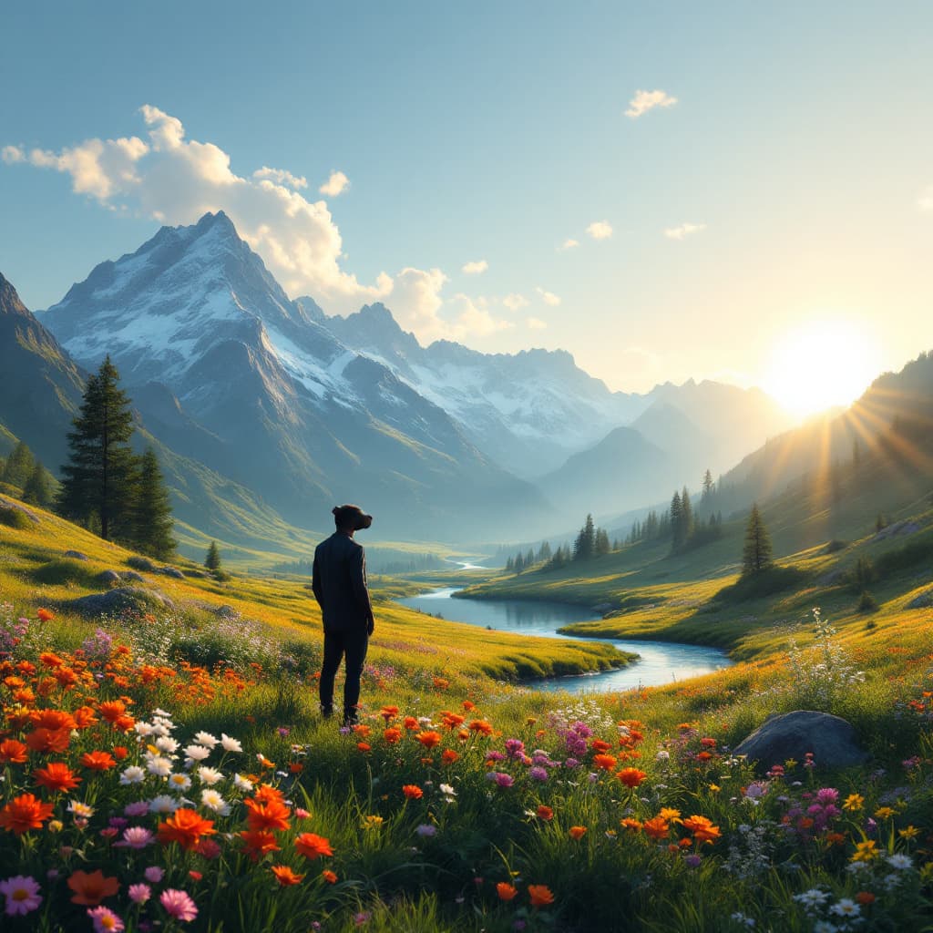AI generated: A serene, picturesque landscape featuring a lush green meadow with vibrant wildflowers in full bloom...