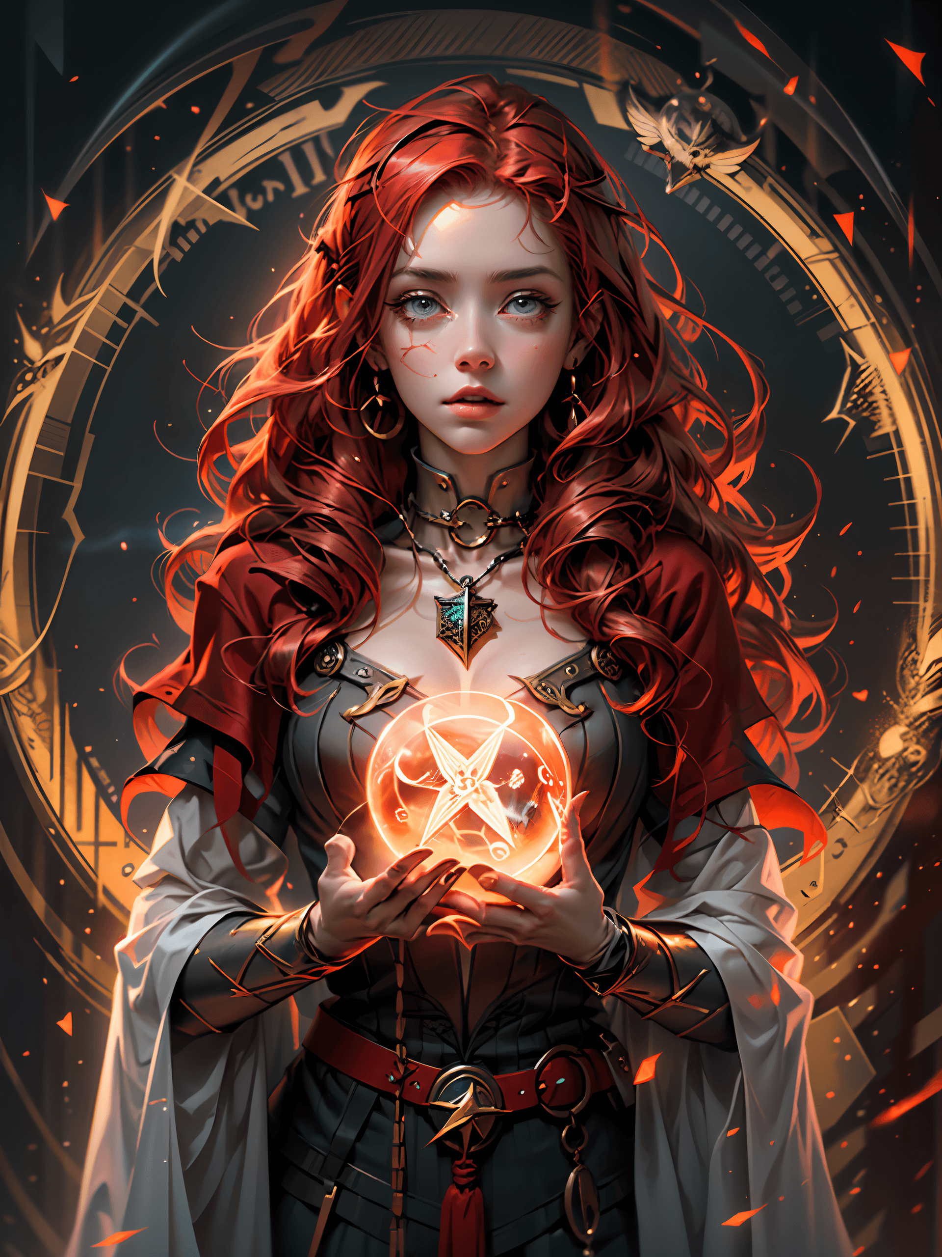 AI generated: a woman holding a glowing ball in her hands, featured on cgsociety, fantasy art, very long flowing r...