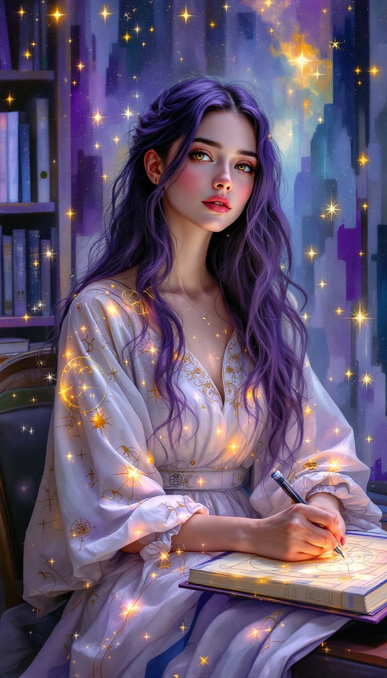 AI generated: "Violet Astronomer in a Celestial Library": A mesmerizing abstract painting portrays an astronomer, ...