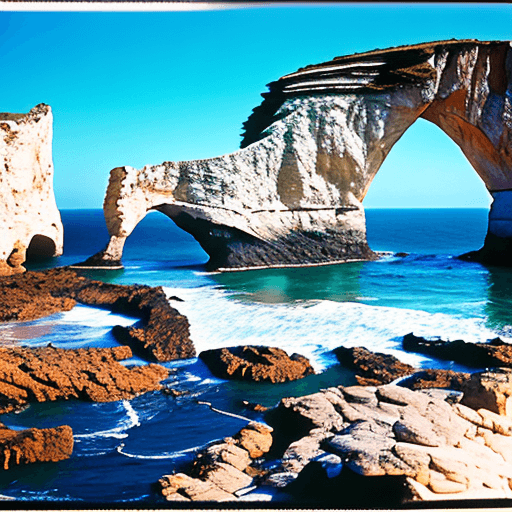 AI generated: photo of a rugged coastline with sea arches and natural bridges taken by lee kit (conceptual photogr...