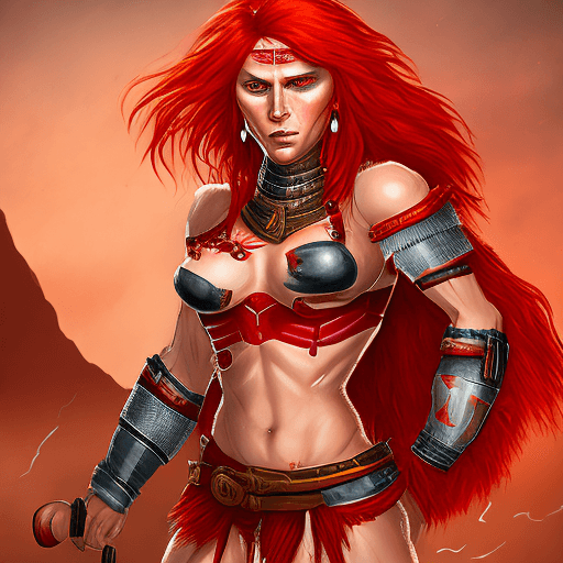 AI generated: red headed female amazon warrior, upturned eyes, wide lips, freckles, athletic and petite body, inve...
