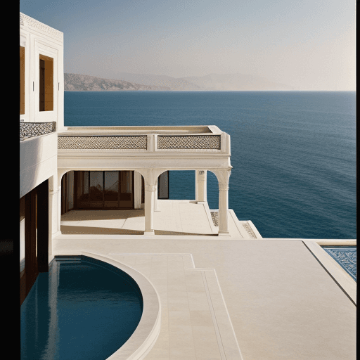 AI generated: Hyper realistic eye level exterior photo of a Qajar modern style Palace overlooking the ocean, dayli...