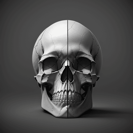 AI generated: pencil drawing, human skull merged with small silicon chipset on top, front lighting, raytracing det...