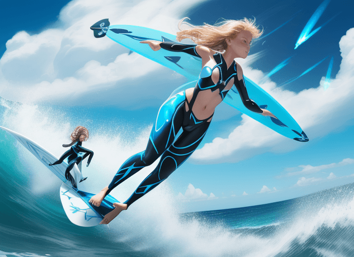 AI generated: The (Girl Surfing on flying Surfing Board with Rotors propeller) is a translucent fractal emitting a...