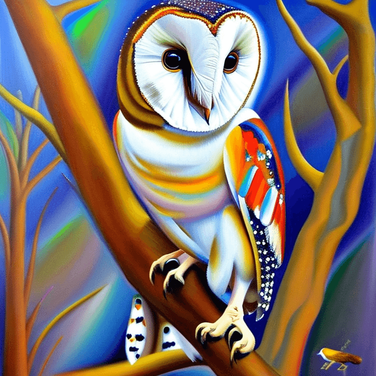 AI generated: Ralistic, ((Masterpiece, best quality)), extremely cute barn owl perching on branch in dream park, i...