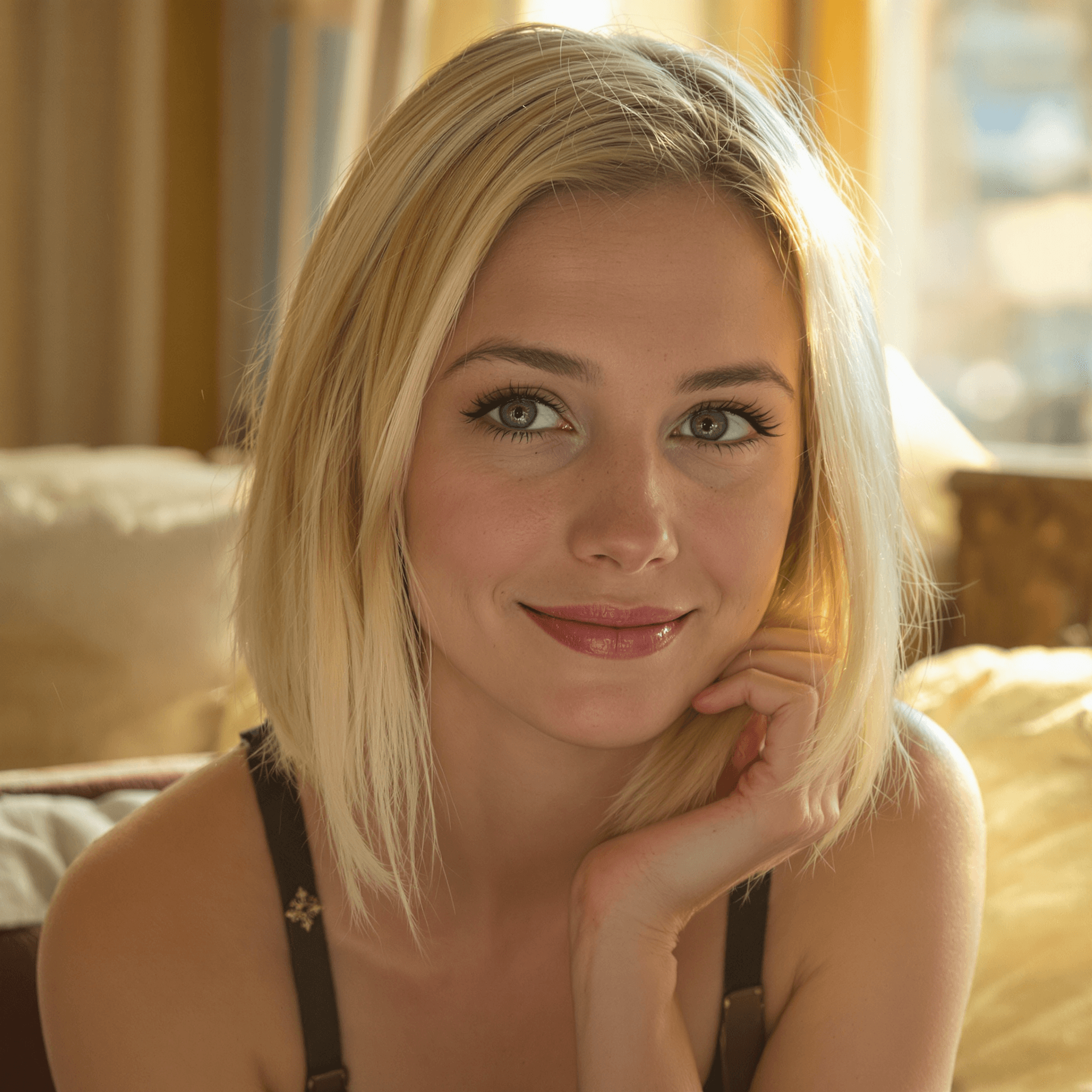 AI generated: A young blonde woman with mid open blue eyes, and light blonde hair styled in a long bob sits in a s...