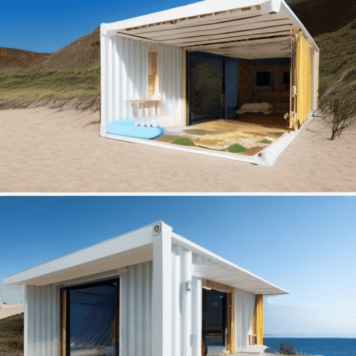 AI generated: Surf House made into a container, 3 m by 8 m, one level. Add some windows on the walls and a front d...