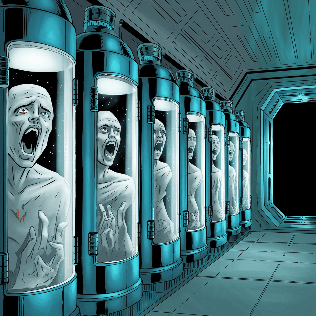 AI generated: A  screaming soul , frozen in ice inside an airlock tank, in the middle of a row with other cryo tan...