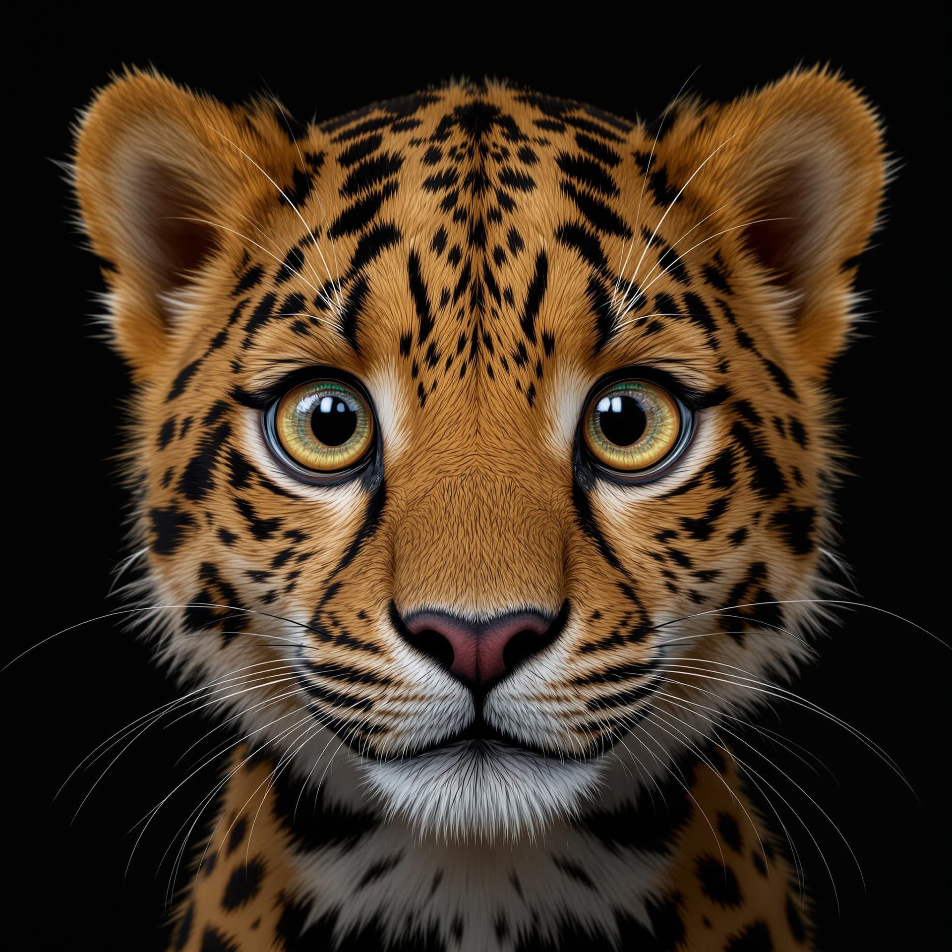 AI generated: 3D Portrait of a A cute and furry leopard, big eyes, Dark Background setting, 8k