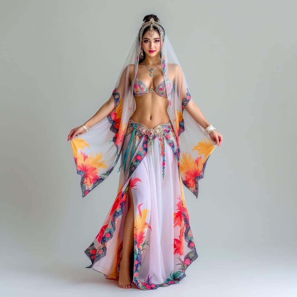 AI generated: Full body 
 view of a korean model with wide hips wearing coloriful bellydancer robe, with veil, and...