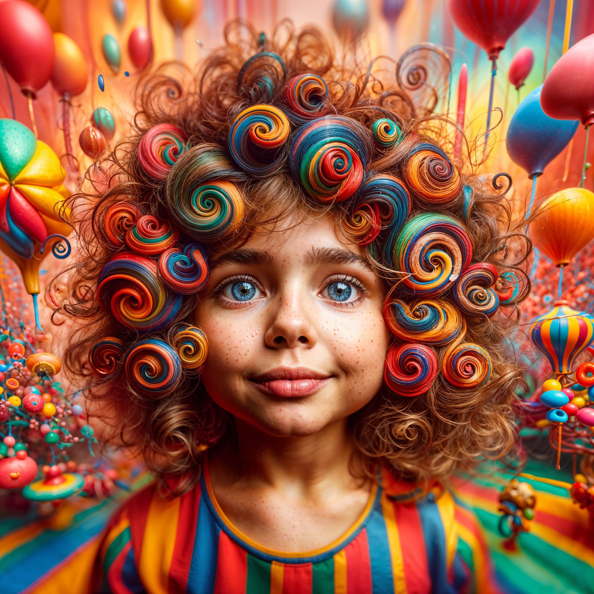 AI generated: girl with candy curls in candy land  