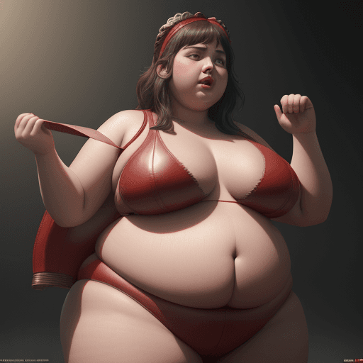 AI generated: Goddess chubby and fat wearing just red leather strips. She is huge and powerful. cinematic, hyper r...