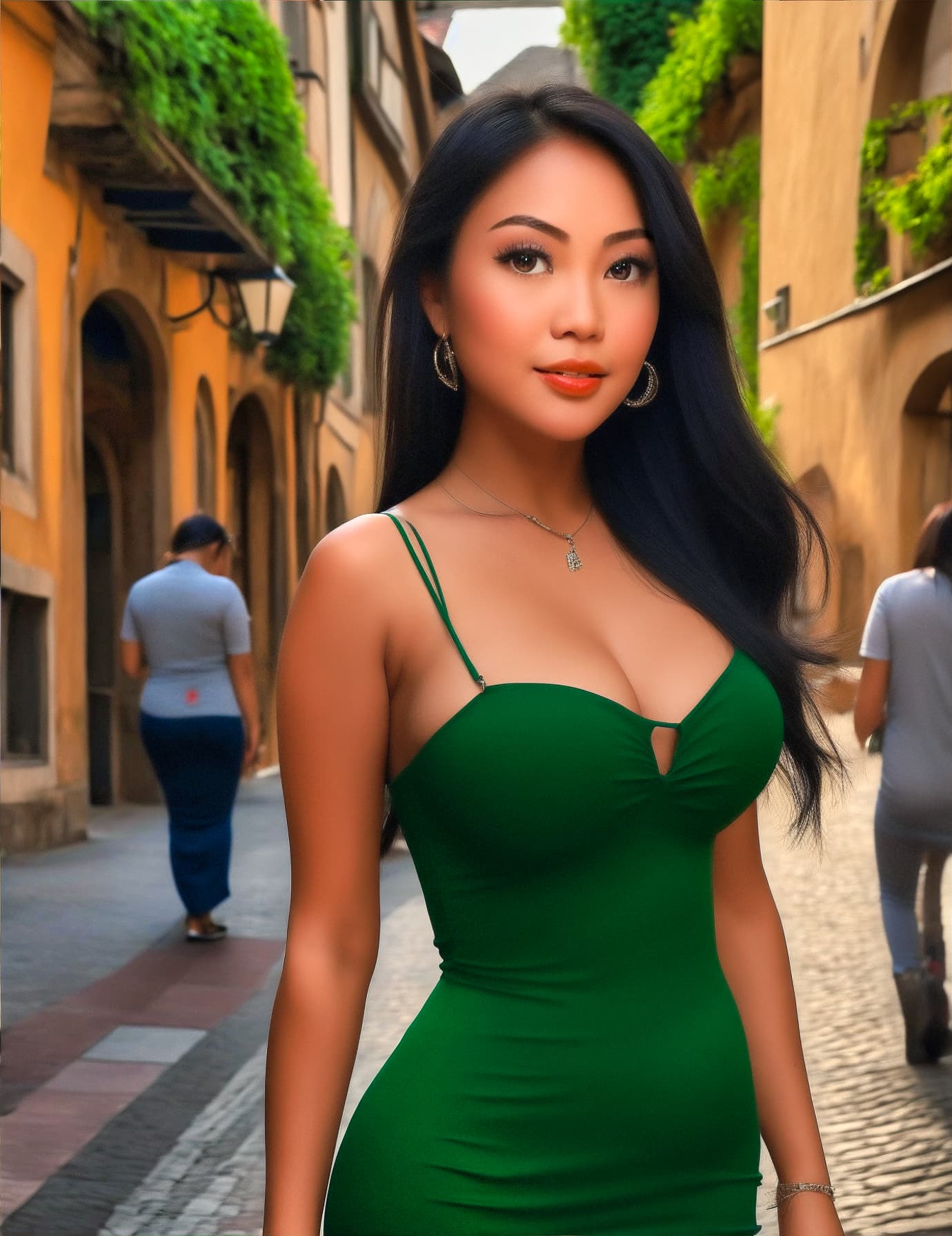 AI generated: realistic , high resolution , ultra details , A gorgeous Filipina woman, her tight dress emphasizing...