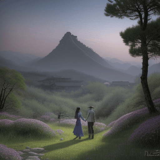 AI generated: (Couple:3.1), An impressionistic design, Chinese mountain, dreamlike atmosphere, shaded by soft past...