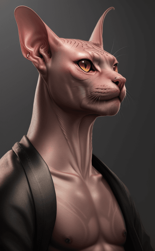 AI generated: PhotoReal photograph of a yakuza hairless sphinx cati, 4k, 8k highly detailed