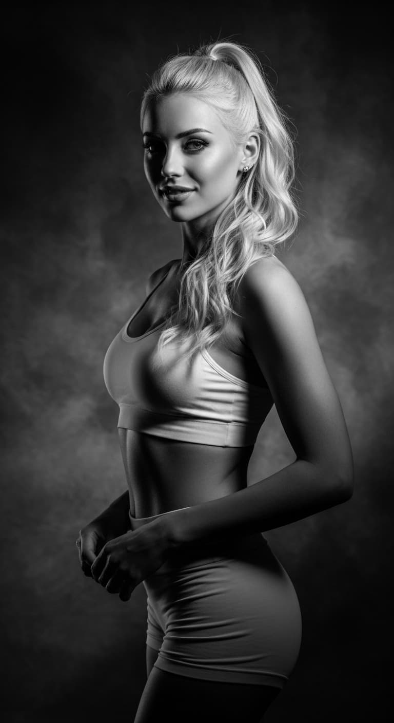 AI generated: {
  "description": "A photorealistic, ultra detailed, UHD black-and-white studio shot standing in a...