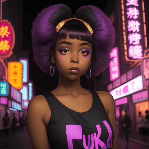 AI generated: a black girl in a purple top in a neon city, in the style of chinapunk, iconic album covers, soft-fo...