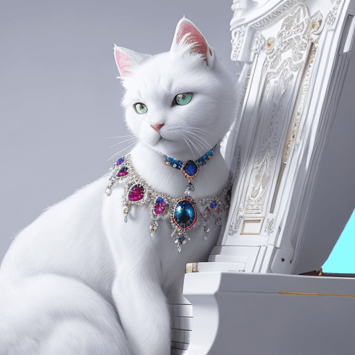 AI generated: Award winning, realistic model detailed perfect figure color photo of a white cat with blue ruby jew...