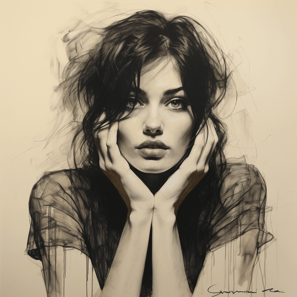 AI generated: Rough charcoal sketch on old paper, beautiful female figure, seductive pose, clean line art --ar 1:1...