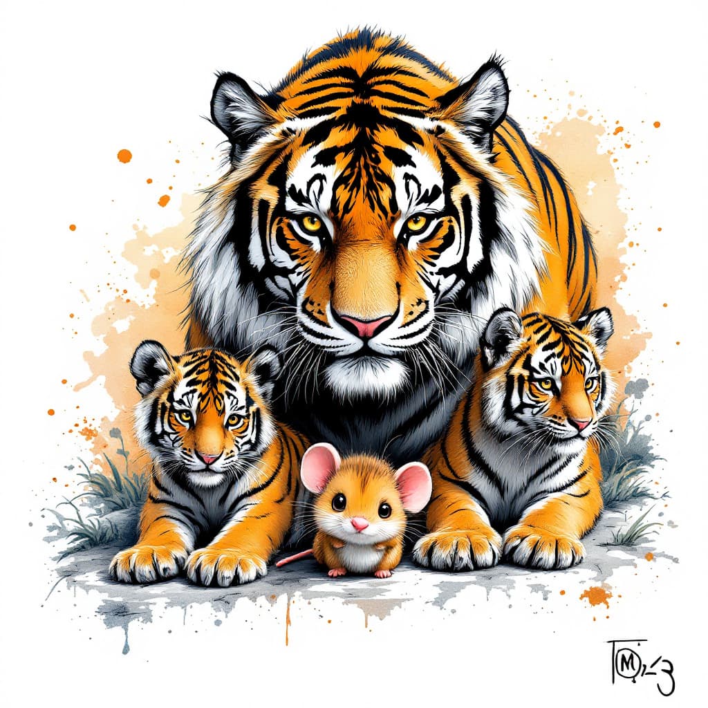 AI generated: a tiger and two tiger cubs, and a oversized mouse,ferocious, detailed,full-body shots,ink style,Ink ...