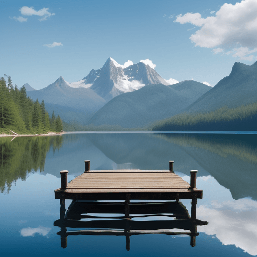 AI generated: A clear, reflective mountain lake surrounded by lush pine rice field and towering peaks. The surface...
