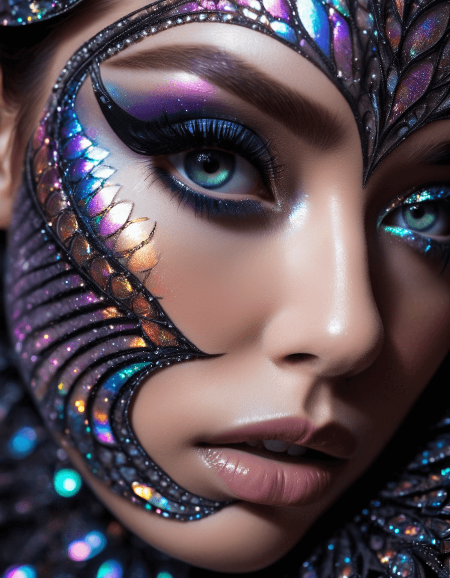 AI generated: closeup macro shot, high contrast, closeup of a woman's face, iridescent, heavy makeup, lashes, frac...