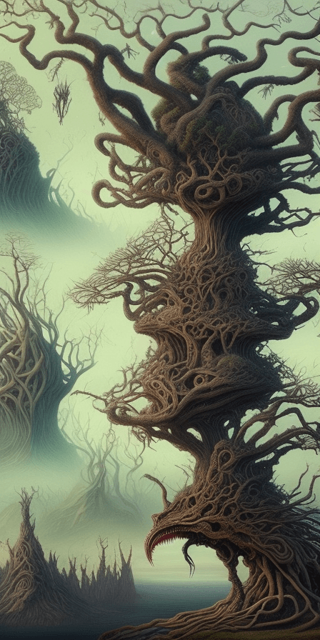 AI generated: A surreal landscape teeming with fantastical creatures and bizarre, otherworldly scenes. The foregro...