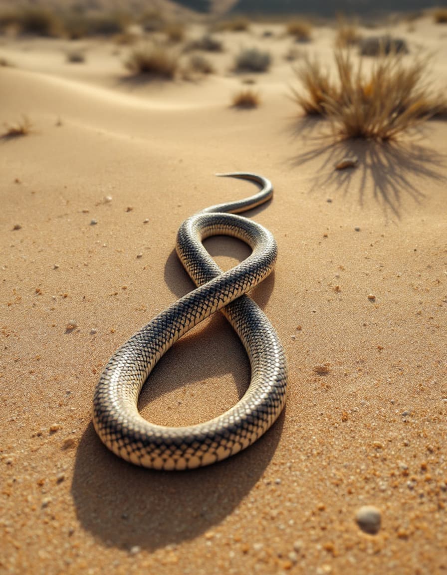 AI generated: two rattle snakes on the smooth desert floor entwine themselves to create a perfect shape of a DNA s...