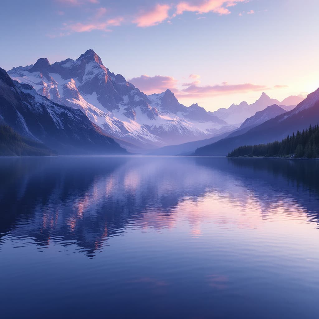 AI generated: A serene mountain lake at dawn, photorealistic, vibrant colors, 4k