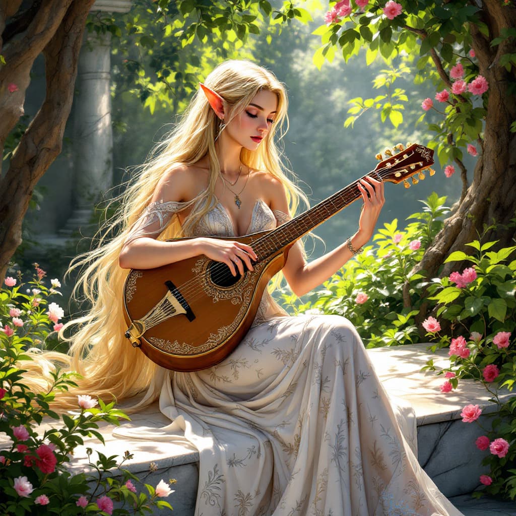 AI generated:  animation, cartoon, drawing, A beautiful elf woman with long, flowing blonde hair sits gracefully i...